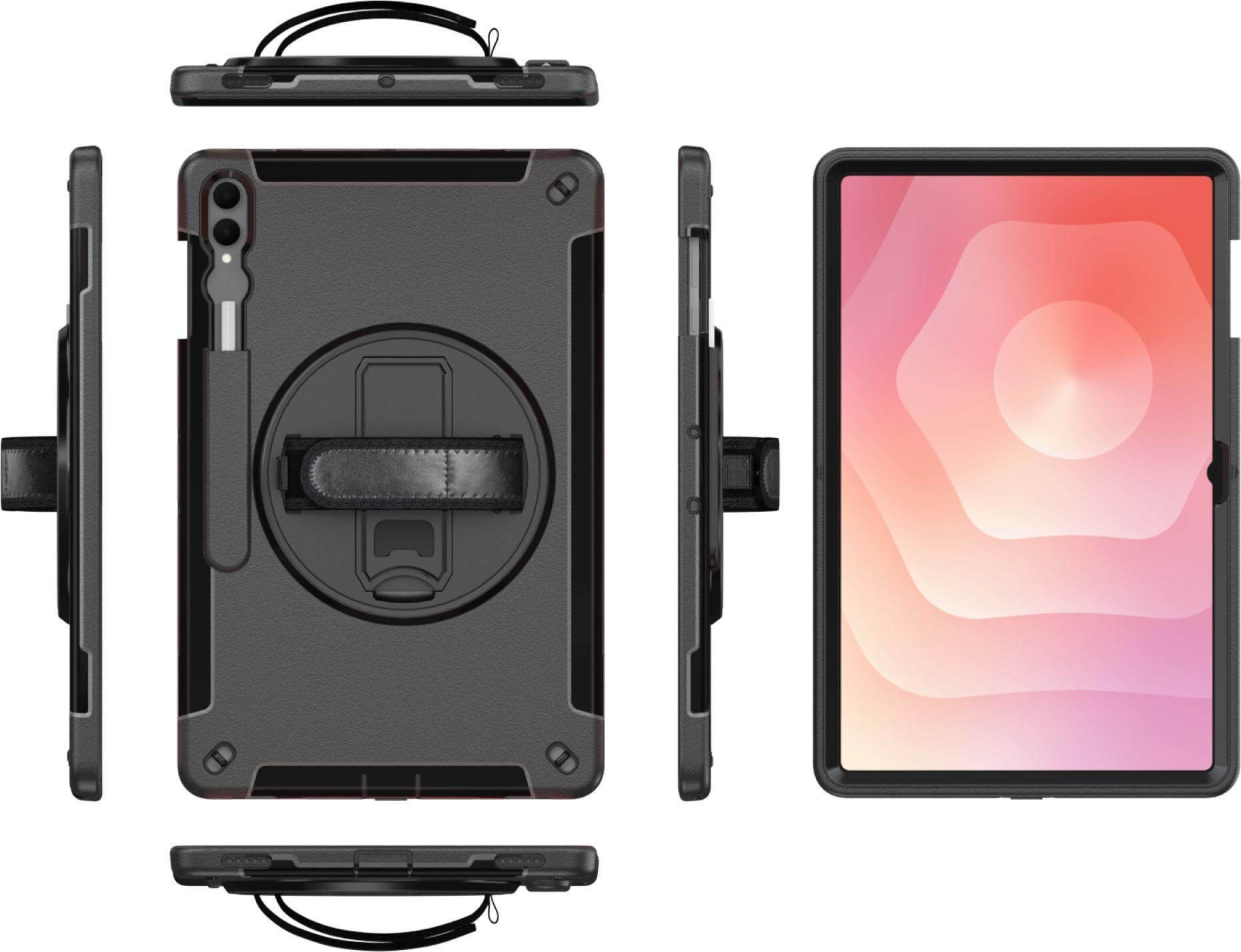 Eine Tablet-Hülle, schwarz und grau, mit Handschlaufe und Stifthalter. Der Bildschirm zeigt einen rosa Farbverlauf.