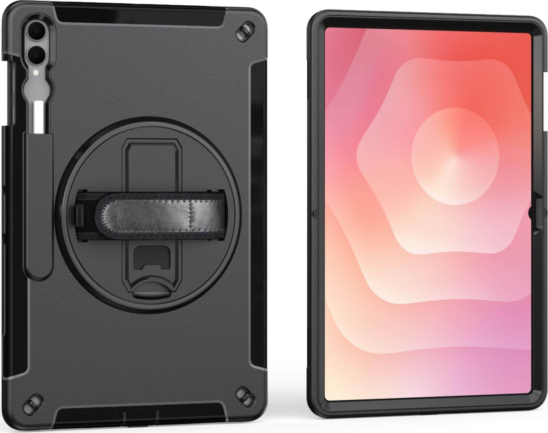 Schwarze Tablet-Hülle mit eingebauter Handschlaufe und ein Tablet mit rosa abstraktem Hintergrund.