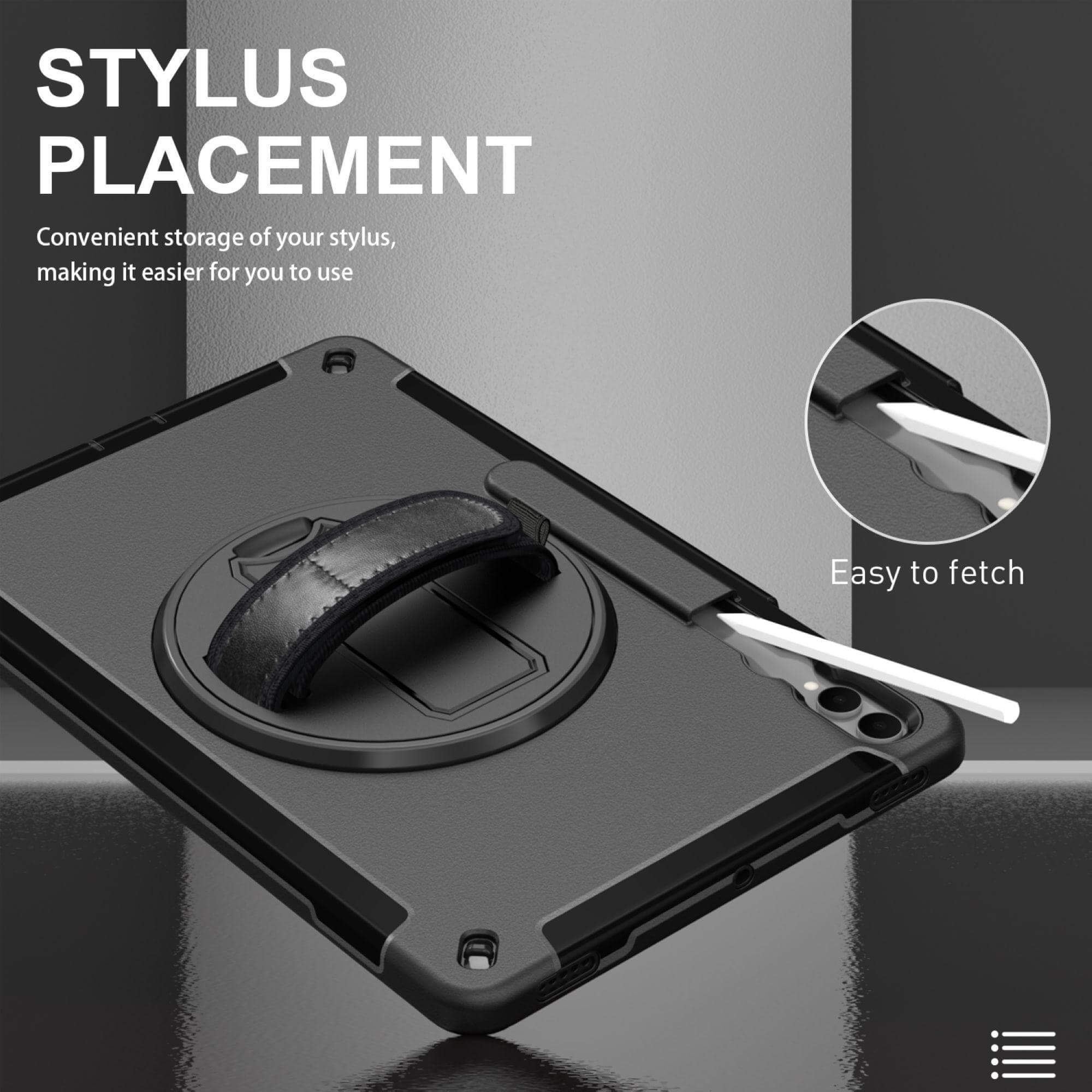 Schwarzes Tabletfach mit Stifthalterung. Ein Stift wird im Gehäuse gezeigt. Text sagt 'Stylus Placement' und 'Easy to fetch'.