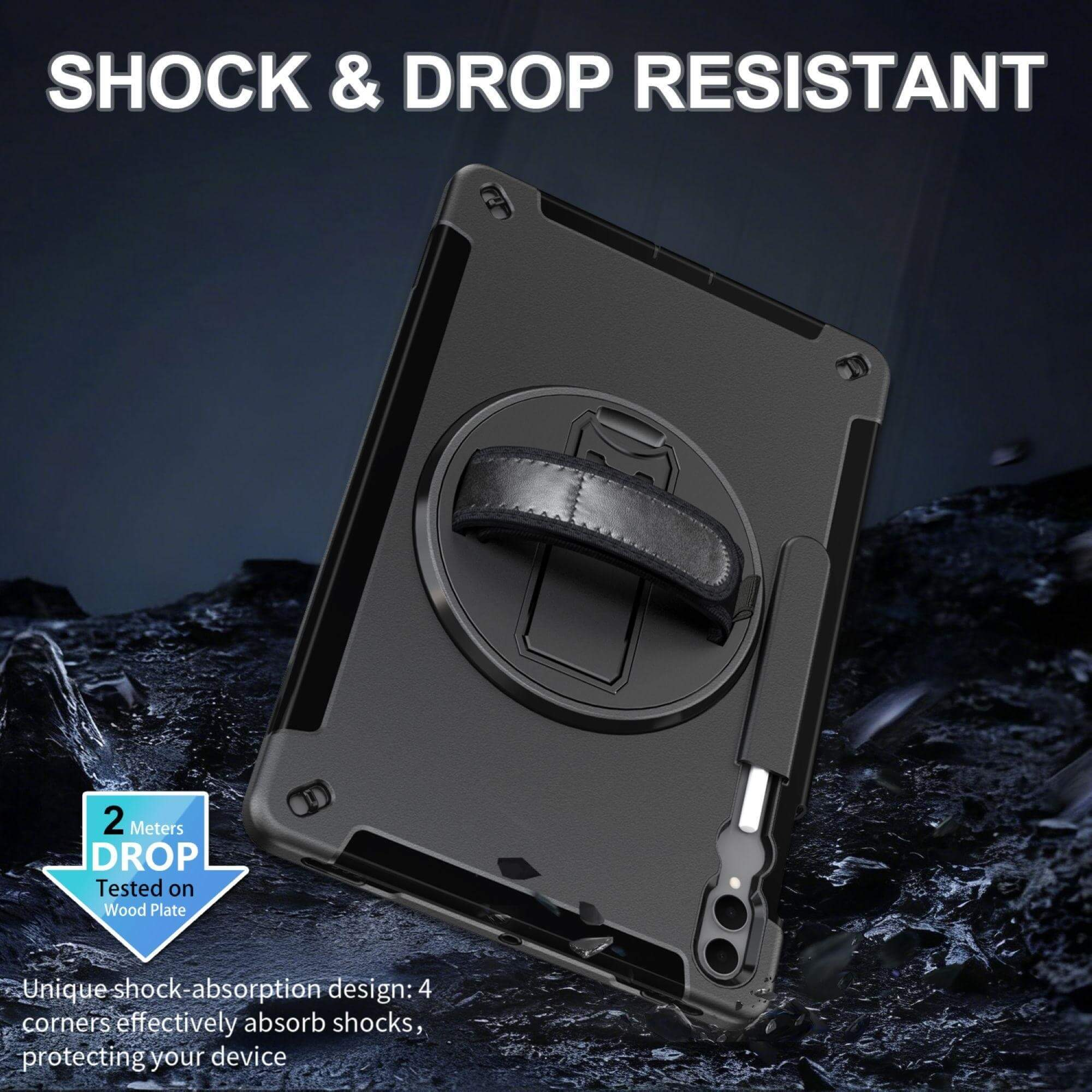 Schwarze Tablethülle mit Griff. Text sagt "SHOCK & DROP RESISTANT". Falltest aus 2 Metern auf einer Holzplatte.
