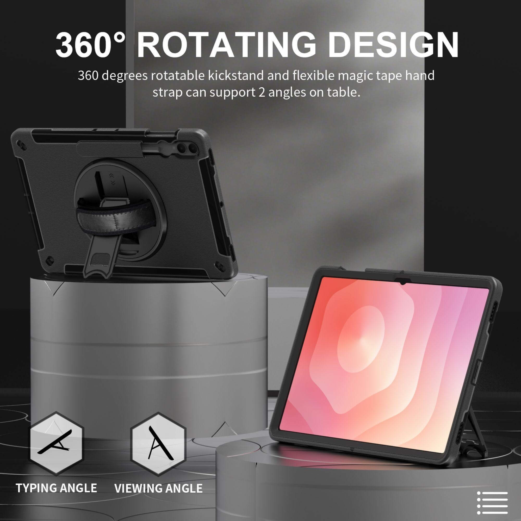 Das Bild zeigt eine Tablet-Hülle mit Drehdesign. Zwei Tablets werden in verschiedenen Winkeln angezeigt, um Tipp- und Betrachtungspositionen zu demonstrieren.