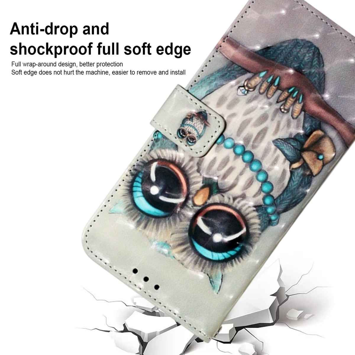 Eine Handyhülle mit einem Eulen-Design. Die Eule hat große Augen und trägt eine Halskette. Der Text lautet 'Anti-Drop und stoßfest'.