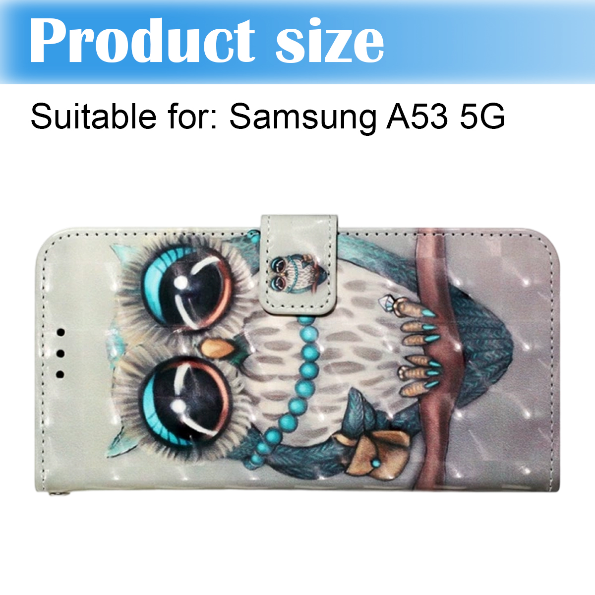Eine Handyhülle mit Eulen-Design. Die Hülle ist grau mit einem Eulenbild, einer blauen Perlenkette und einem Verschluss. Text: 'Produktgröße'.