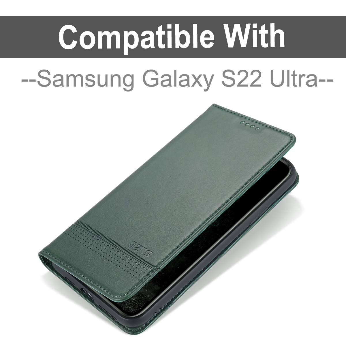 Grüne Leder-Handyhülle für Samsung Galaxy S22 Ultra, geöffnet. Text oben: Kompatibel mit.