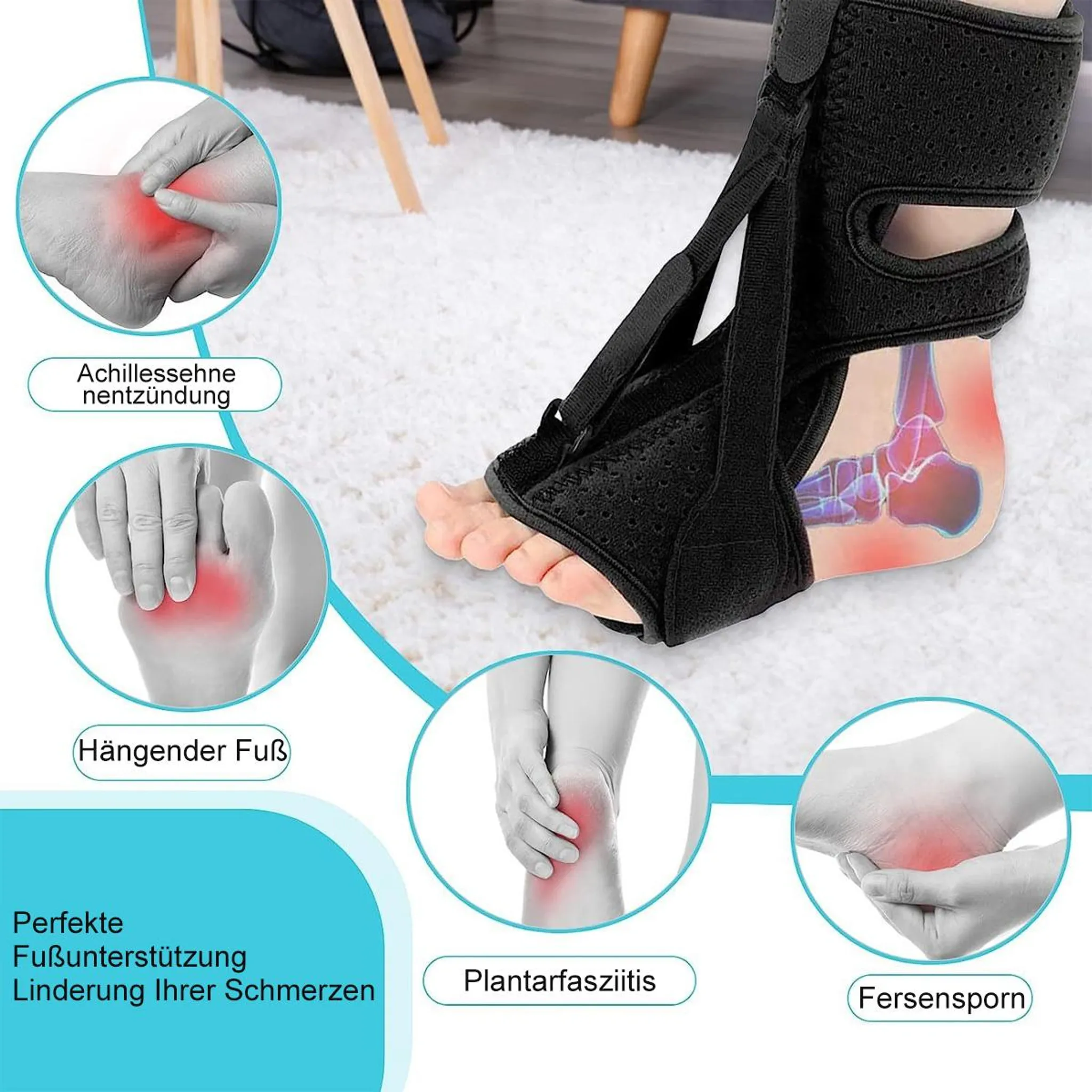 Das Bild zeigt einen Fuß mit einer Stützorthese, die Fußprobleme wie Plantarfasziitis und Fersensporn hervorhebt, mit medizinischen Diagrammen.