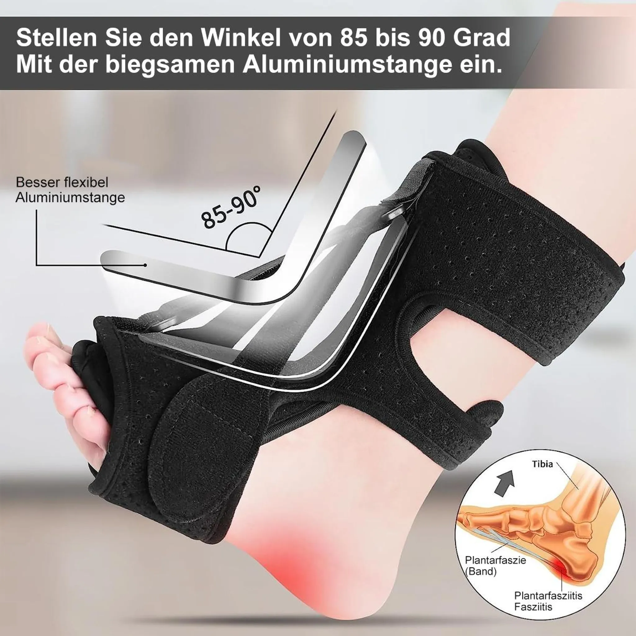 Fuß mit schwarzer Stützbandage. Diagramm zeigt Plantarfasziitis. Text zeigt Winkeleinstellung mit Aluminiumstab.
