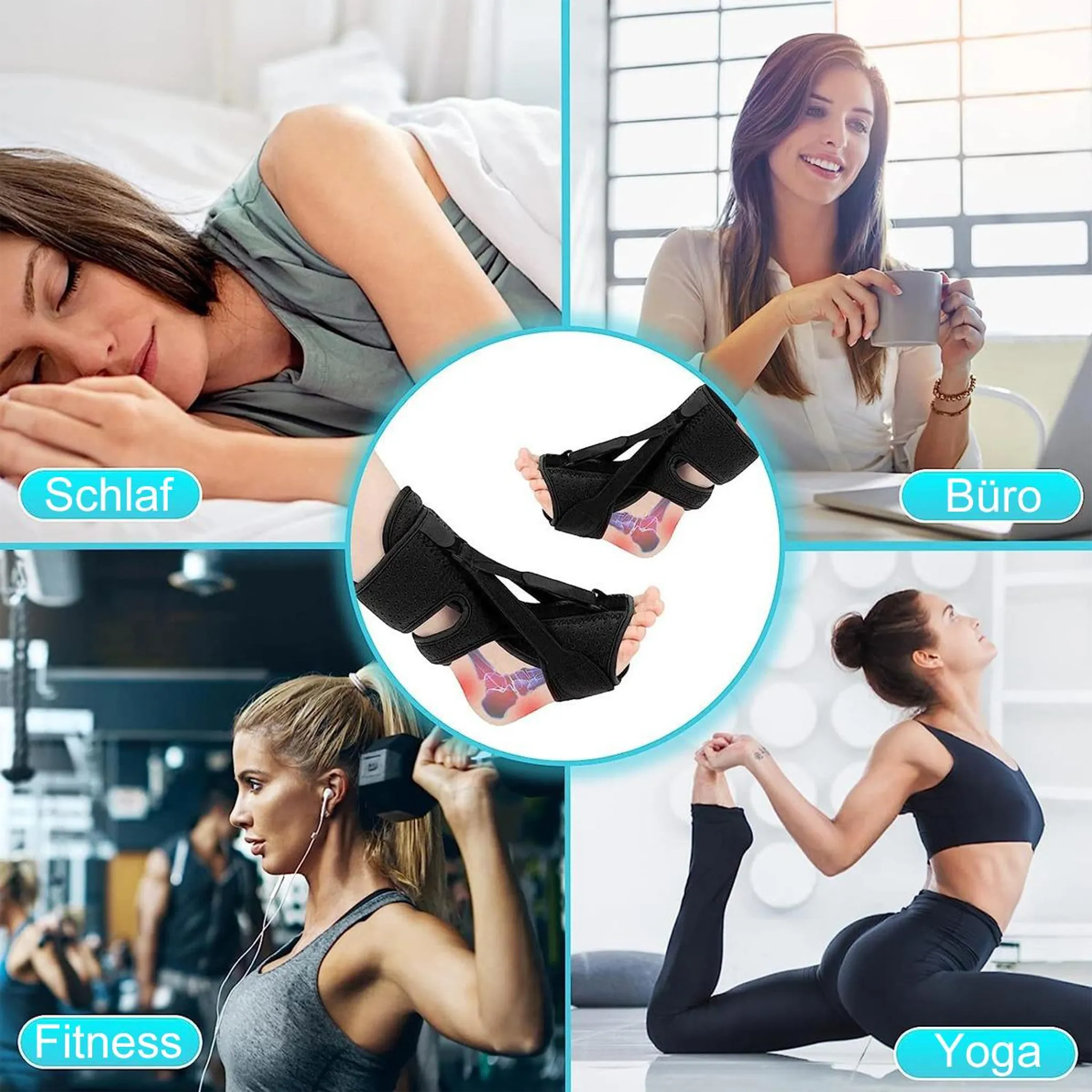 Das Bild zeigt die Verwendung eines Produkts: Schlaf, Büro, Fitness und Yoga. Es zeigt Fußstützen in der Mitte und eine Frau in jeder Szene.