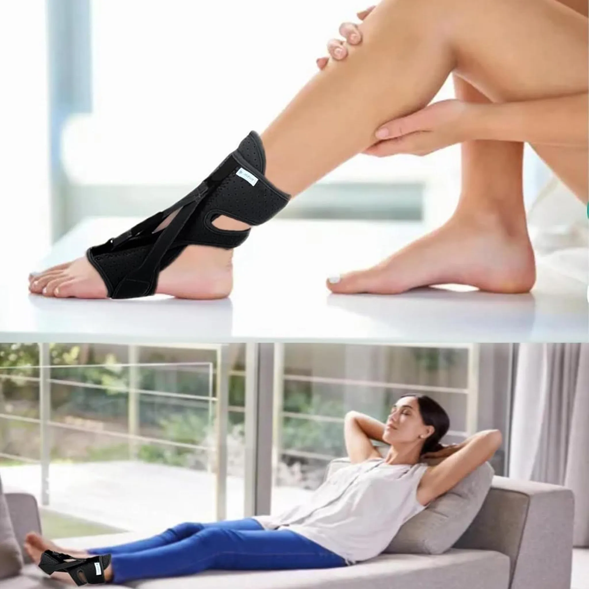 Eine Person trägt eine schwarze Fußorthese. Eine andere Person entspannt sich mit der gleichen Orthese auf einer Couch.
