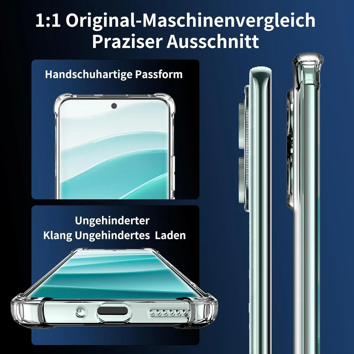 Auf blauem Hintergrund wird eine Handyhülle gezeigt. Die Hülle ist transparent und zeigt ein Telefon. Deutscher Text erklärt die Funktionen.