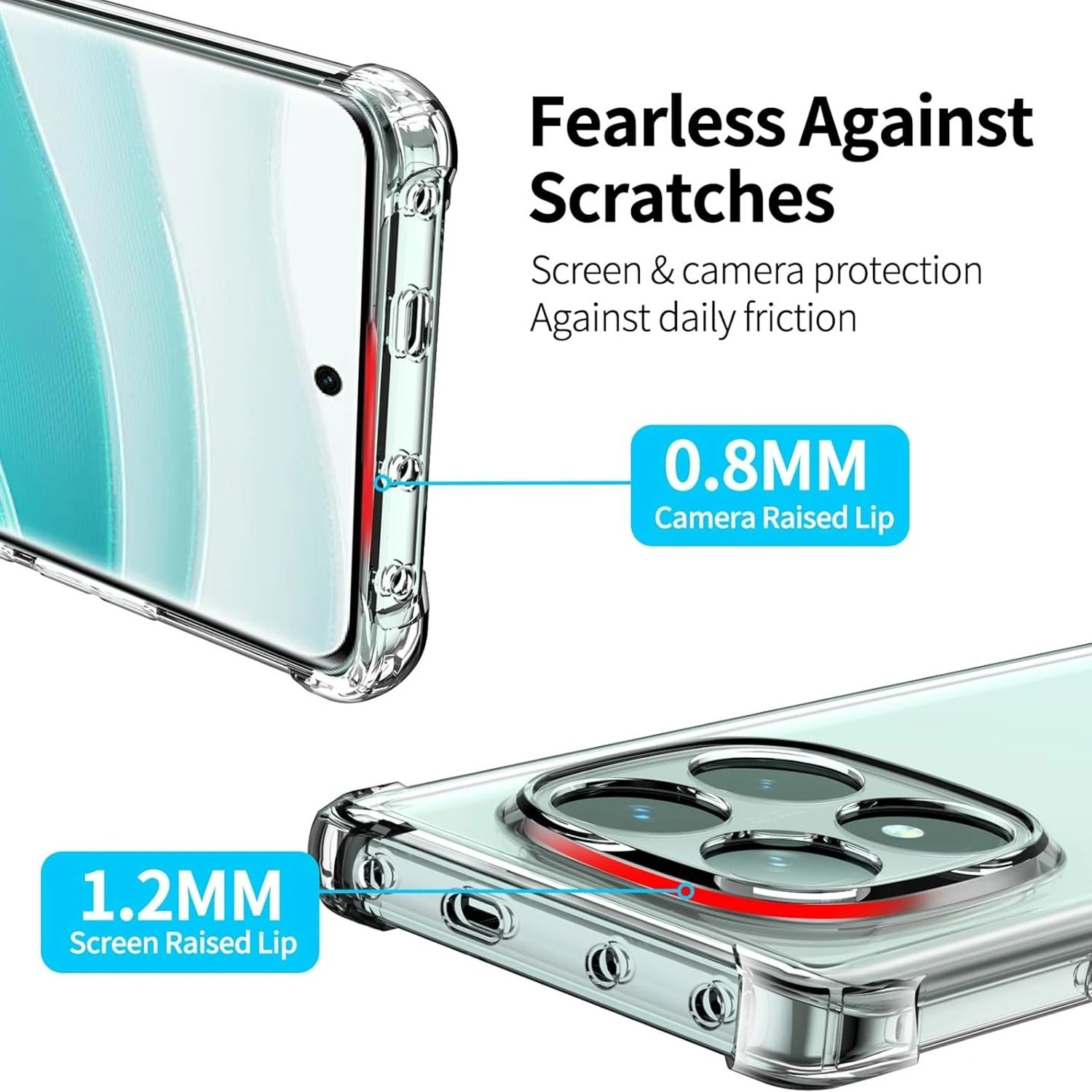 Transparente Handyhülle mit Text. Merkmale sind 1,2 mm Bildschirm- und 0,8 mm Kameraschutz vor Kratzern.