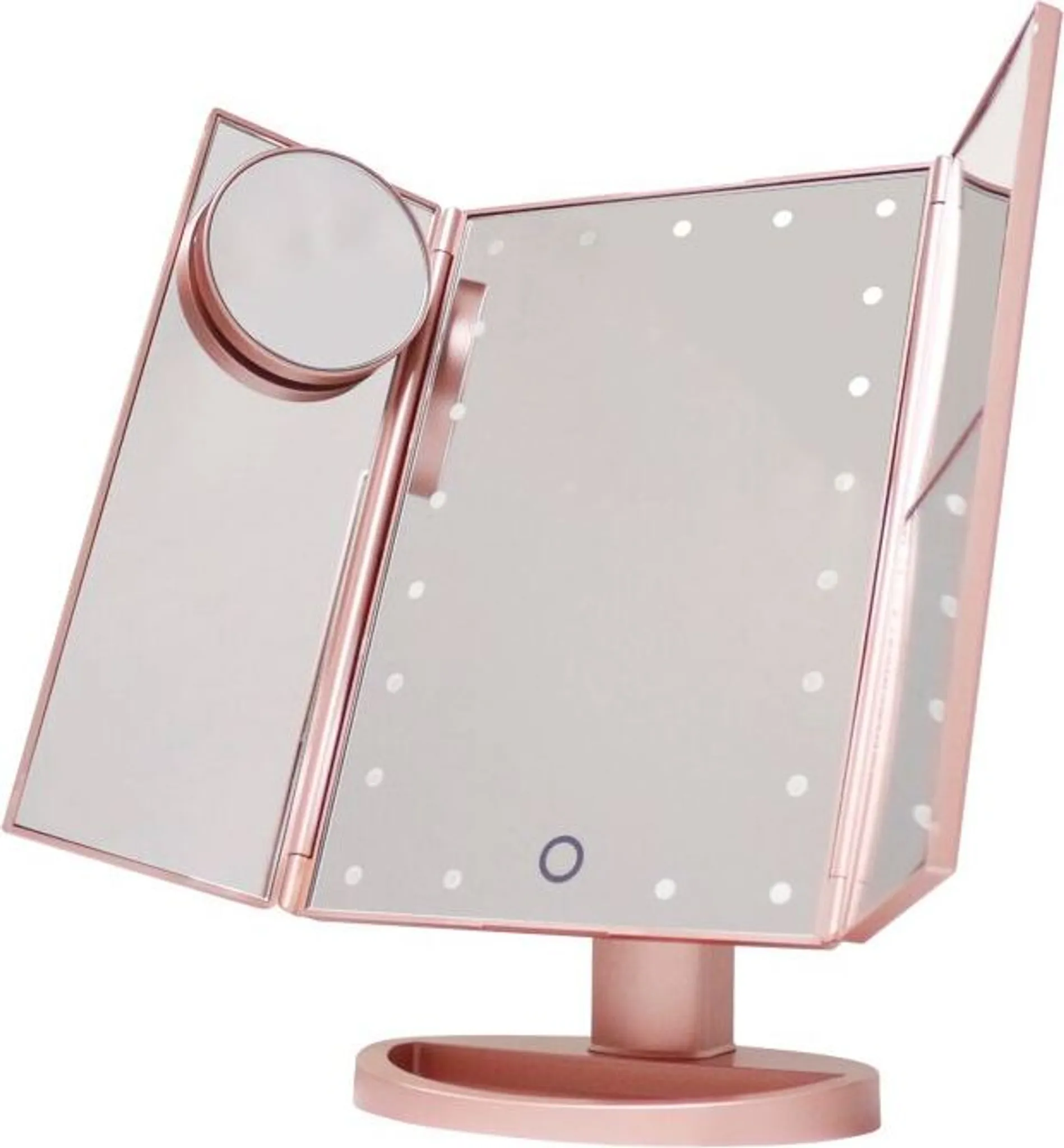 Ein roségoldener, dreifach faltbarer Schminkspiegel mit LED-Leuchten. Er hat einen kreisförmigen Vergrößerungsspiegel und eine runde Basis.