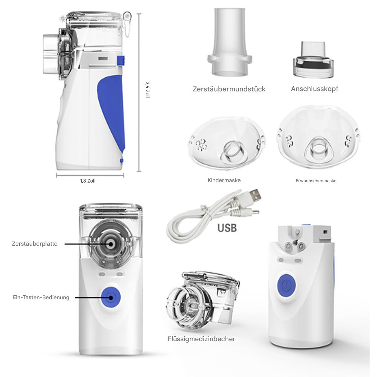 Ein weiß-blauer Vernebler mit Komponenten wie Mundstück, Masken und USB-Kabel, beschriftet auf Deutsch.