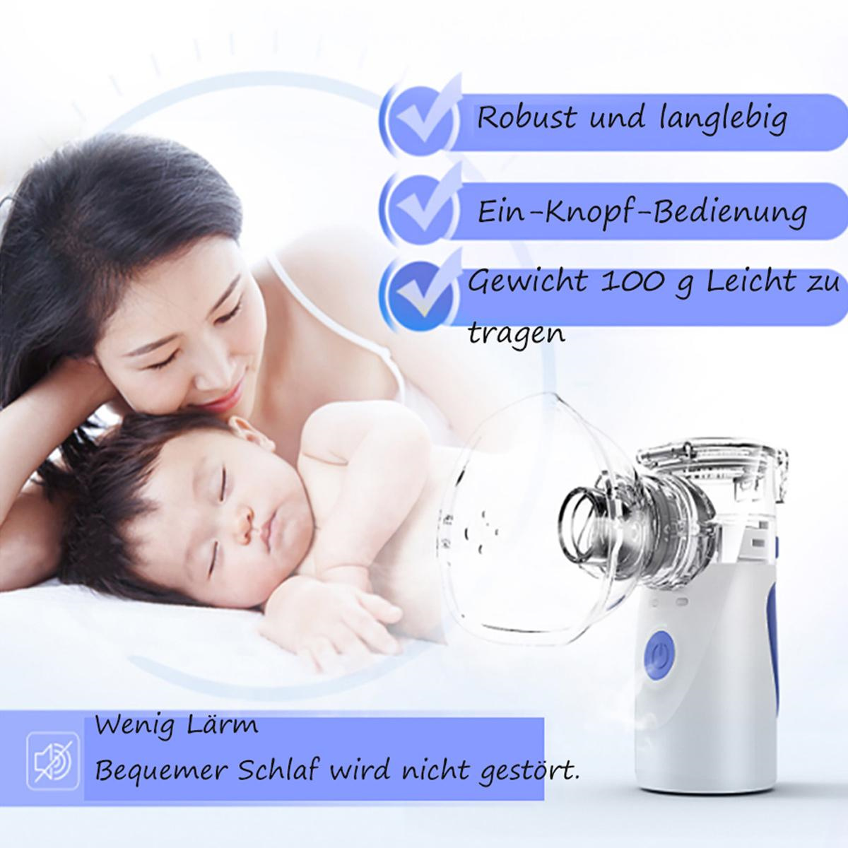 Eine Frau und ein Baby zusammen. Rechts ein weißer Vernebler. Text: 'Robust', 'Ein-Knopf', und '100g'.