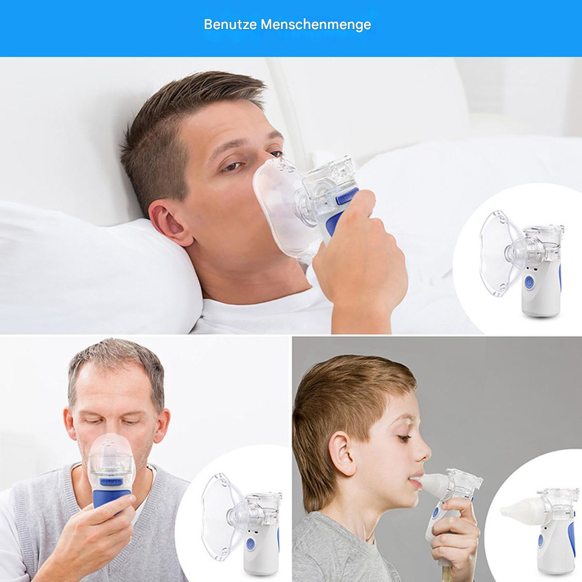 Ein Mann benutzt einen Vernebler im Bett. Weitere Bilder zeigen Vernebler und einen Jungen, der einen benutzt.