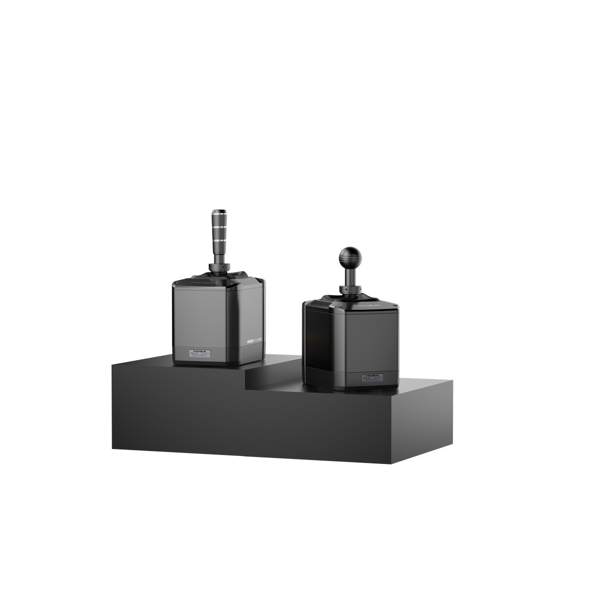 Deux appareils noirs rectangulaires avec des bâtons dessus, posés sur une plateforme noire sur fond blanc.