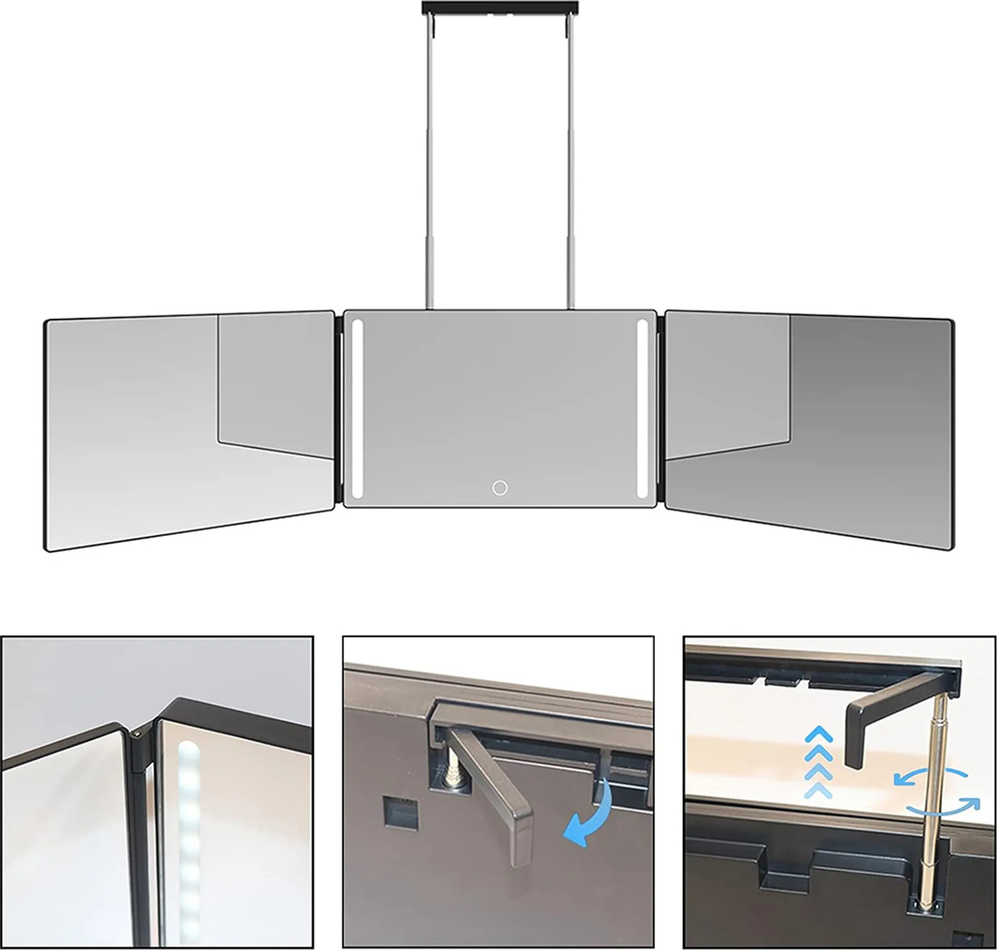 Ein zusammenklappbarer Schminkspiegel mit LED-Leuchten. Er hat drei Paneele und einen Ständer. Details von Scharnieren und Einstellmechanismen werden gezeigt.