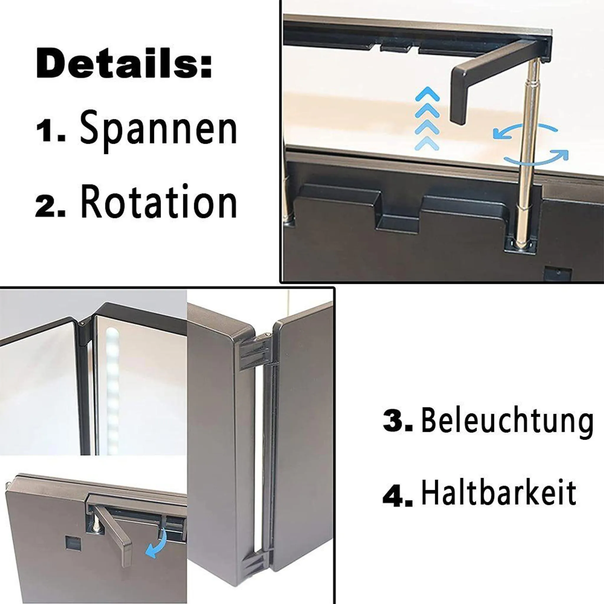 Ein Spiegel mit Details zu Spannung, Drehung, Beleuchtung und Haltbarkeit. Pfeile zeigen die Bewegung.