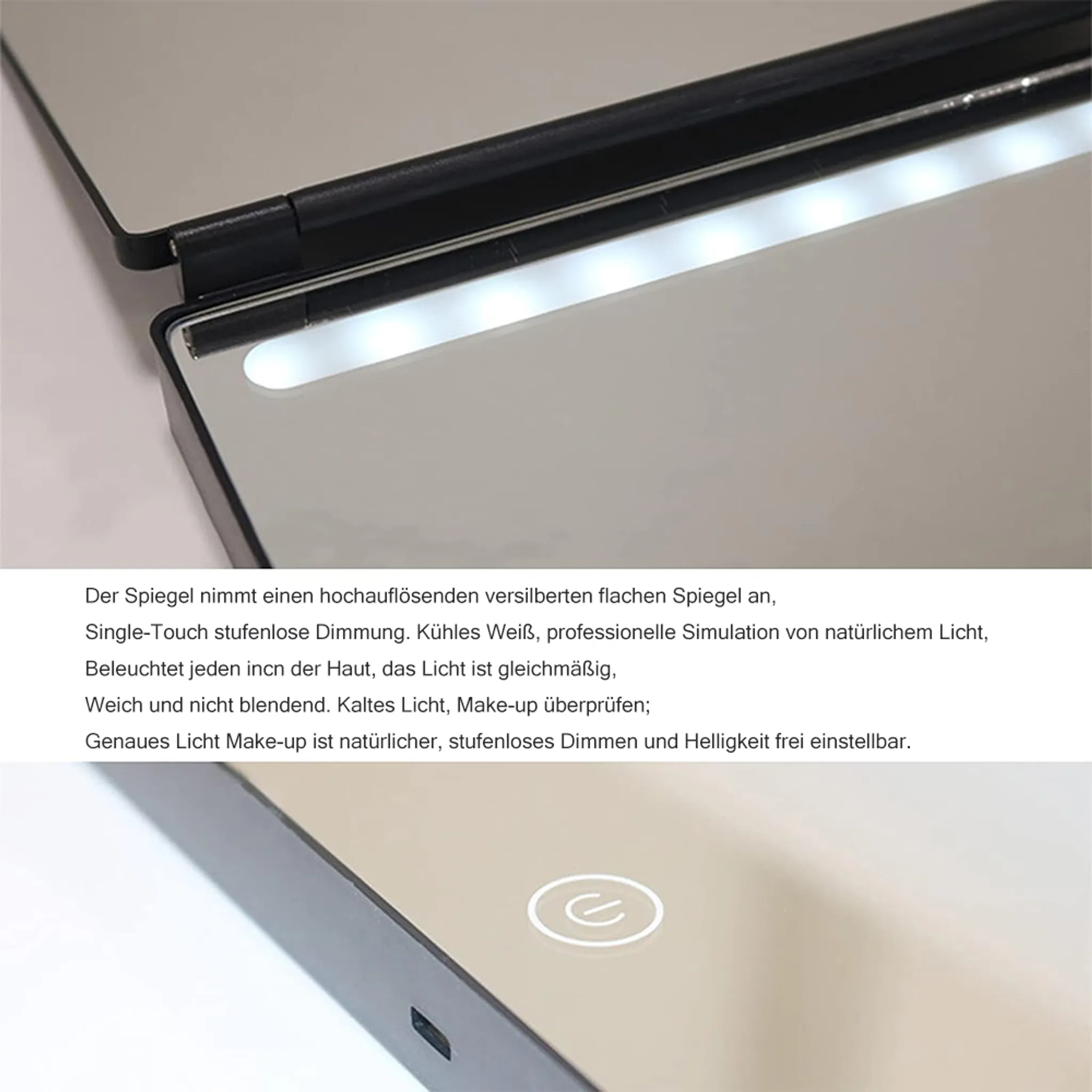Nahaufnahme eines Schminkspiegels. Er hat ein helles Licht, eine Touch-Taste und eine silberne Oberfläche.