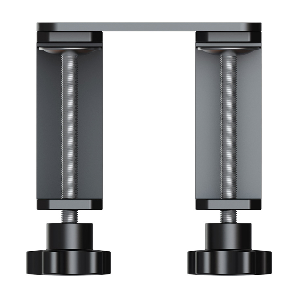 A metal clamp with two vertical columns and a top bar. Each column has a threaded rod and a black knob at the bottom.