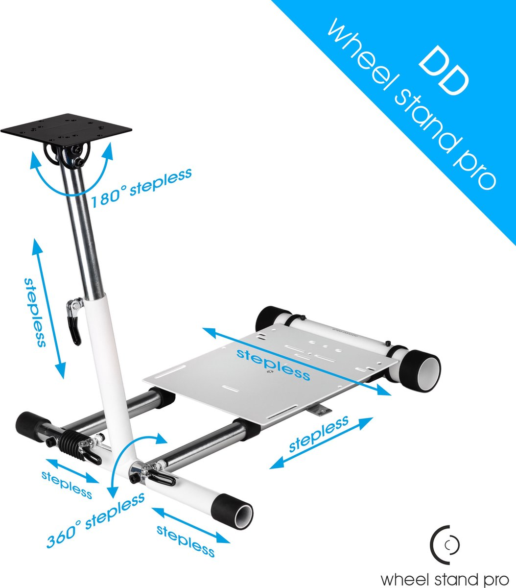 Ein weißer und silberner Wheel Stand Pro mit stufenlosen Einstellungen. Es hat eine schwarze Plattform und Räder. Der Ständer hat Pfeile.