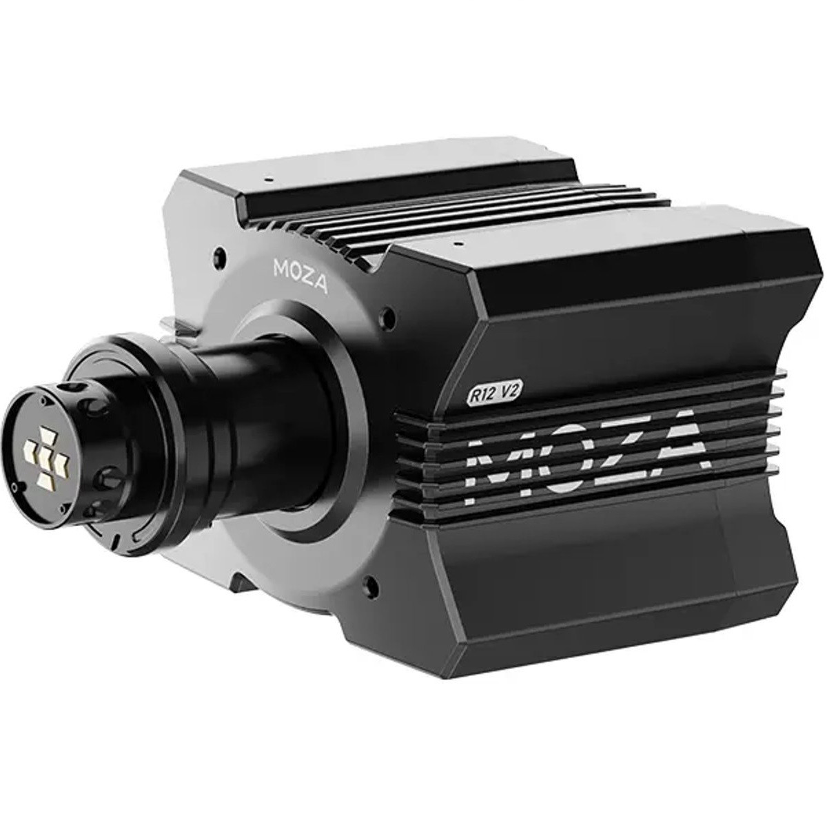 Eine schwarze MOZA R12 V2 Rennlenkradbasis. Sie hat eine zylindrische Vorderseite, einen rechteckigen Körper und den Markennamen MOZA.