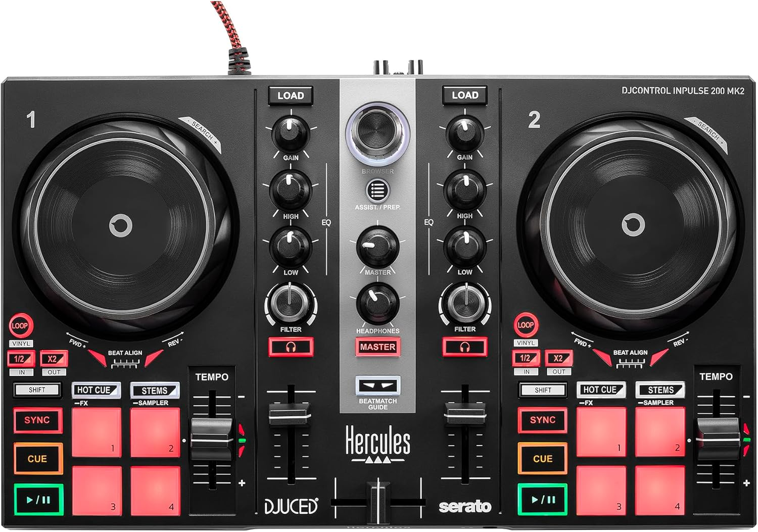DJ controller with two turntables, knobs, buttons, and faders. The Hercules DJControl Inpulse 200 MK2 is visible.