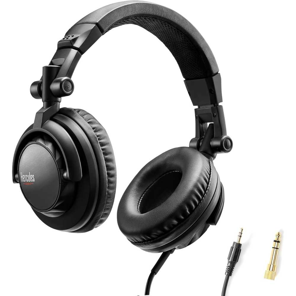 Black Hercules headphones with a wire and two different plugs on a white background. The headphones are oriented to the right.