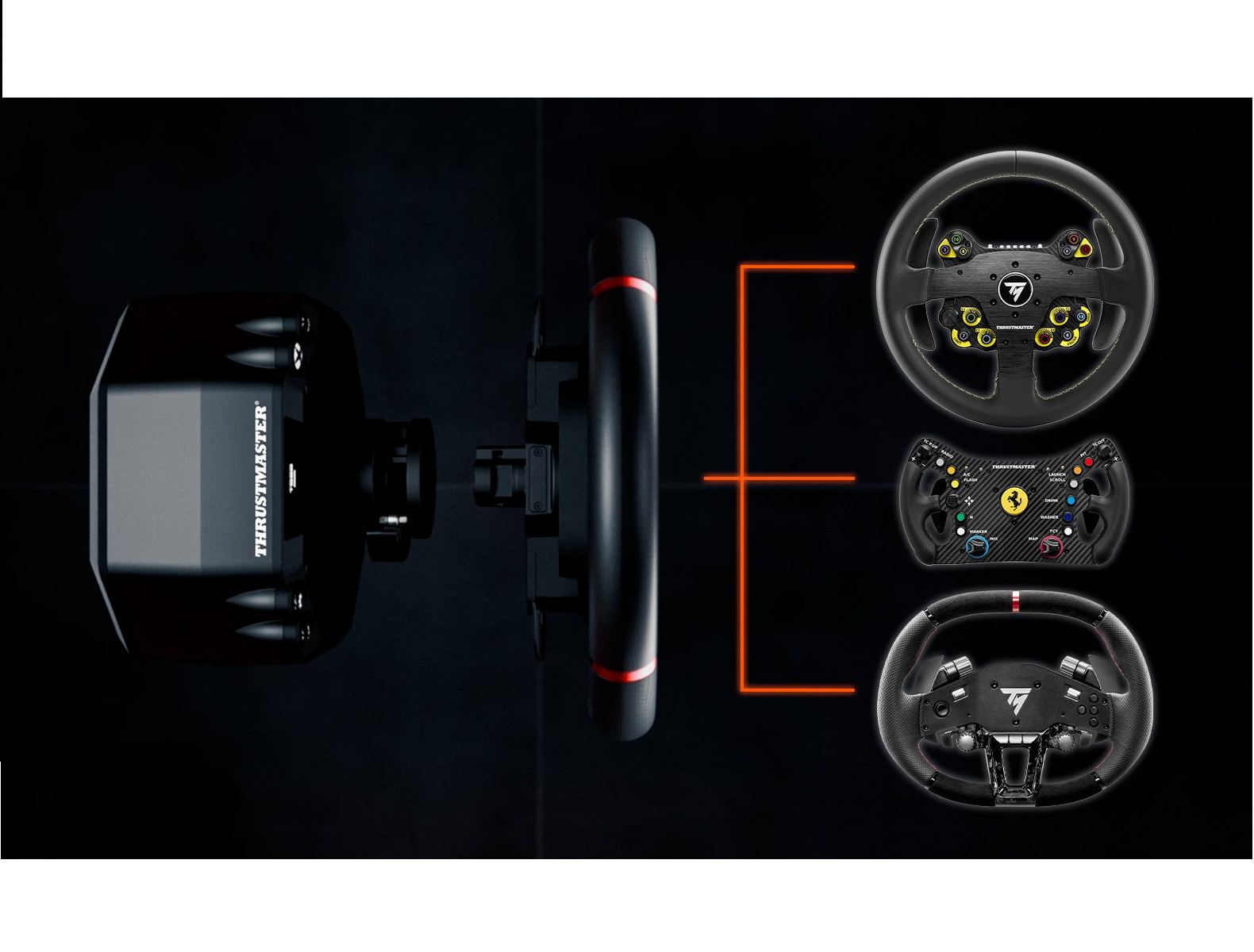 L'image montre une configuration de volant de course. Trois volants, une base et une ligne orange les reliant. Les couleurs noir et rouge dominent.