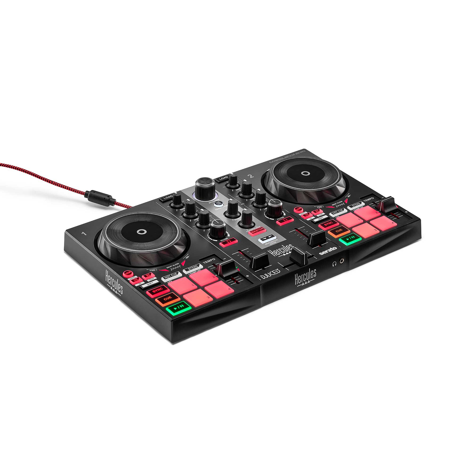 A black Hercules DJ controller with red and green buttons, silver knobs, and two turntables. A red and black cable is attached.