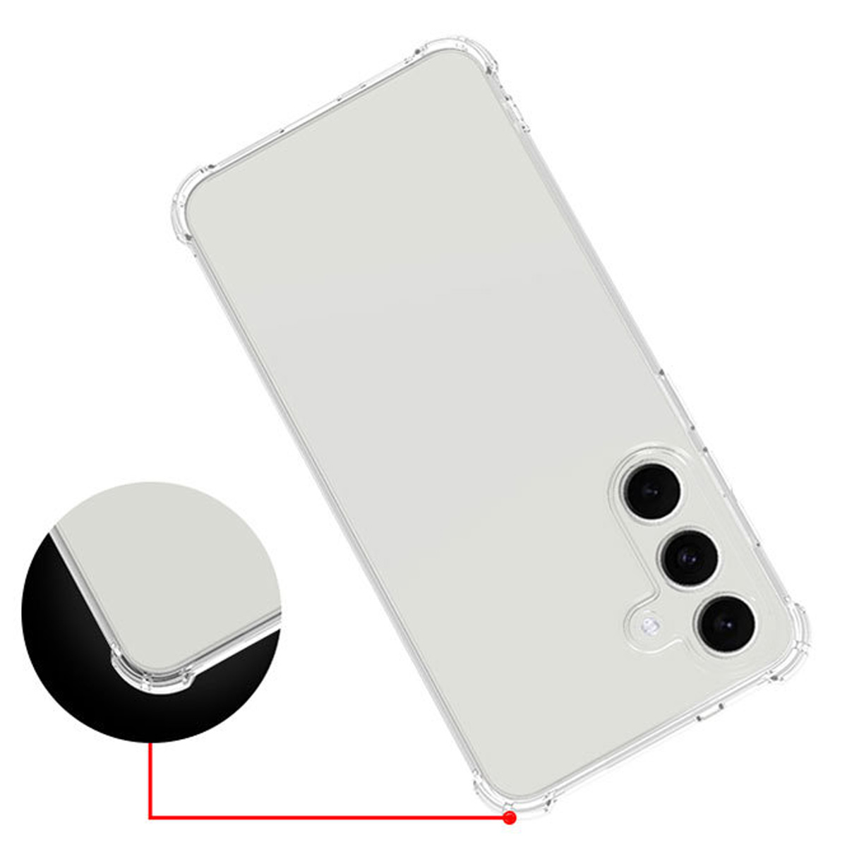 Eine transparente Handyhülle, von oben betrachtet, mit Kameramodul. Ein kreisförmiger Ausschnitt zeigt ein Eckdetail, verbunden mit einer roten Linie.