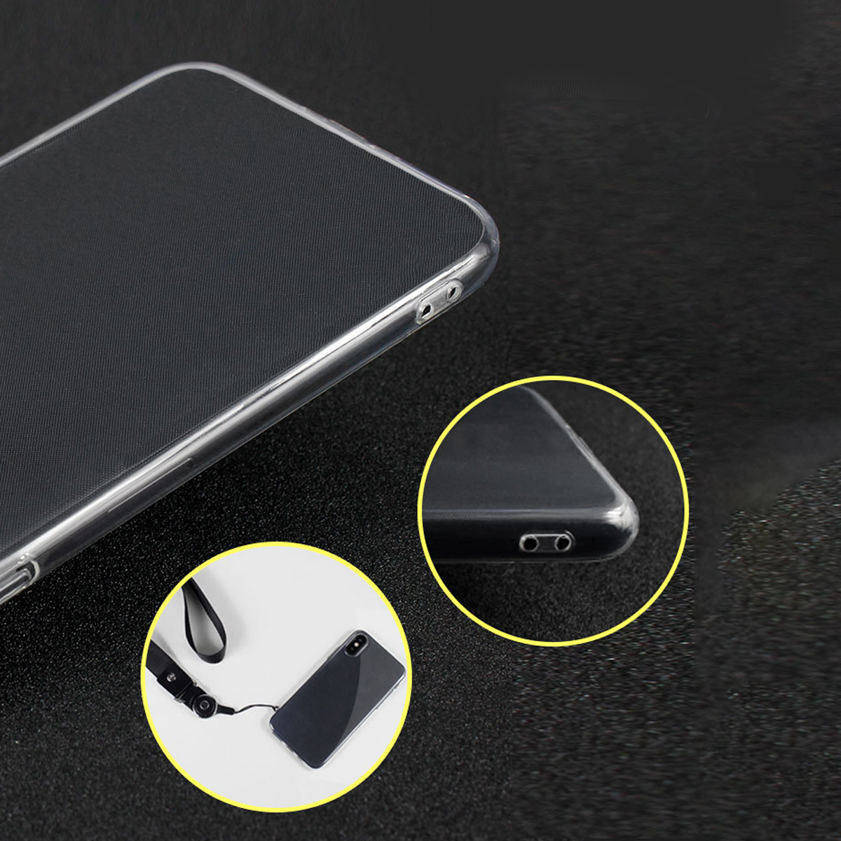 Eine transparente Handyhülle mit einem schwarzen Telefon darin. Am Telefon ist ein Schlüsselband befestigt. Zwei vergrößerte Details sind hervorgehoben.