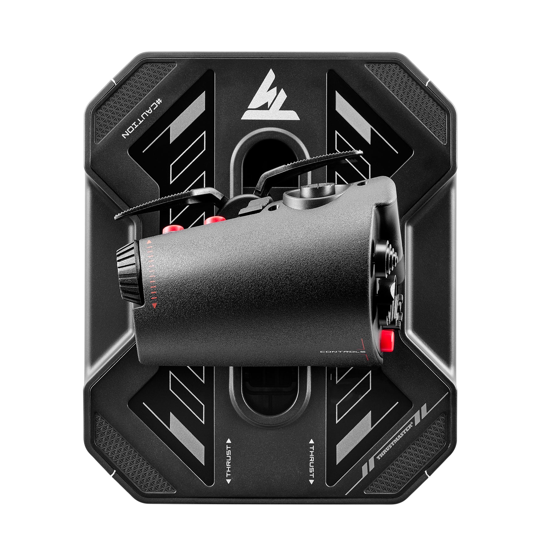 A black flight stick controller with red buttons sits on a black base. White accents and warnings are visible.