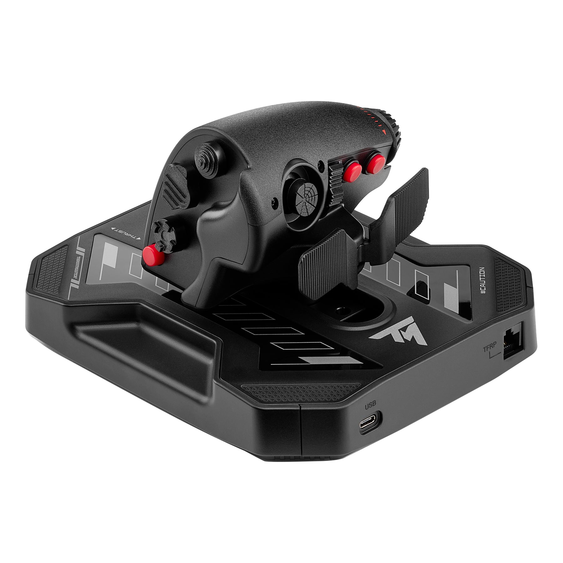 Black flight simulator control stick with red buttons and foot pedals on a black base, isolated on white.