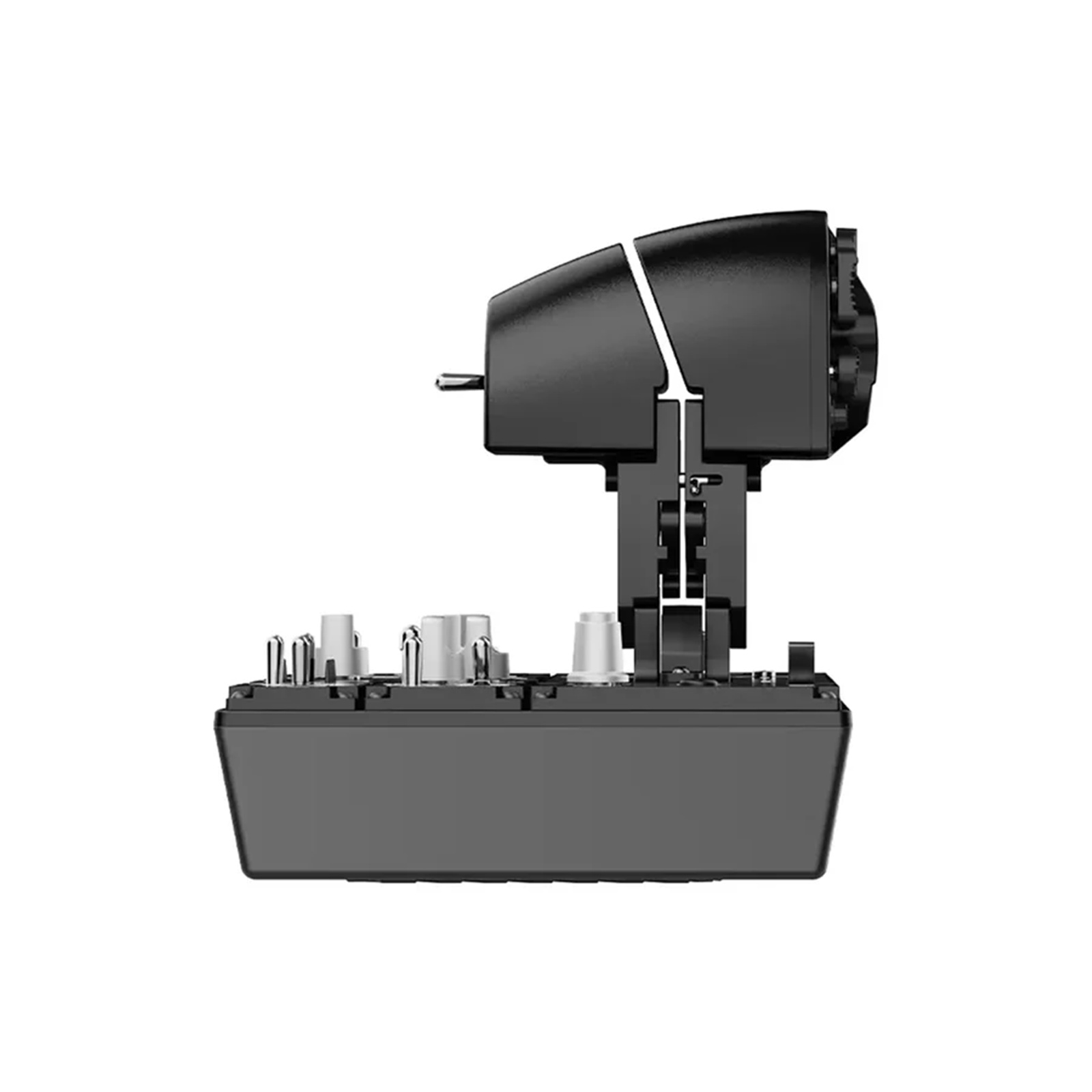 Un dispositivo elettronico nero, forse un mixer, è visto di lato su sfondo bianco.