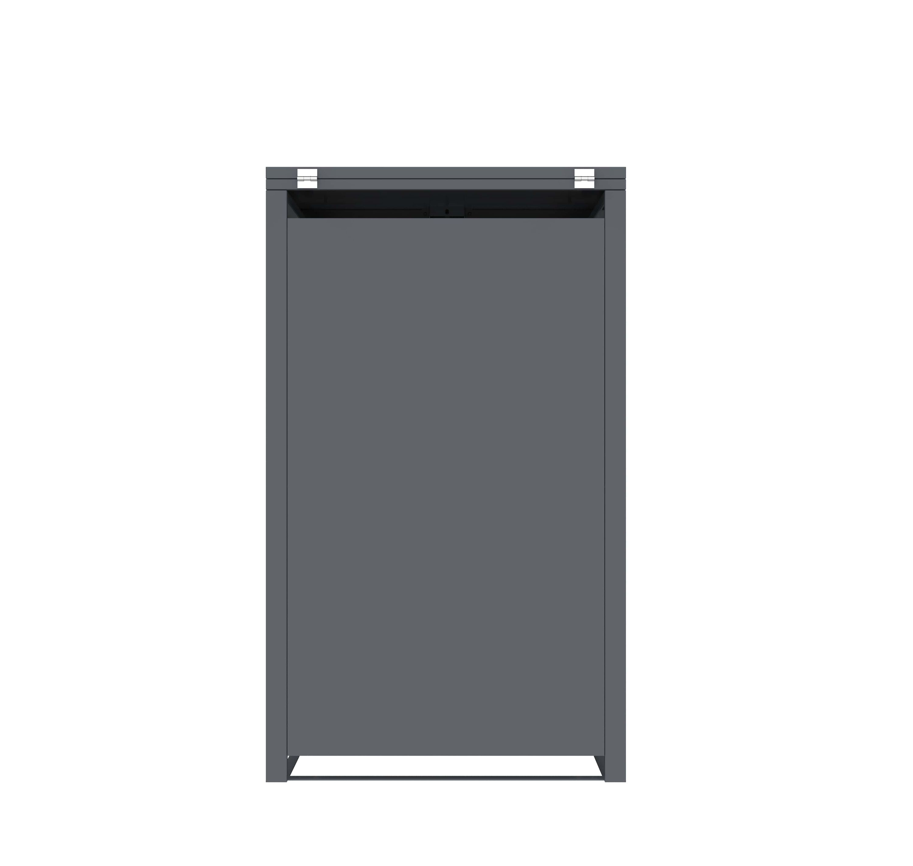 Ein grauer Schrank steht vor einem weißen Hintergrund. Er hat eine rechteckige Form und eine Klappdeckel.