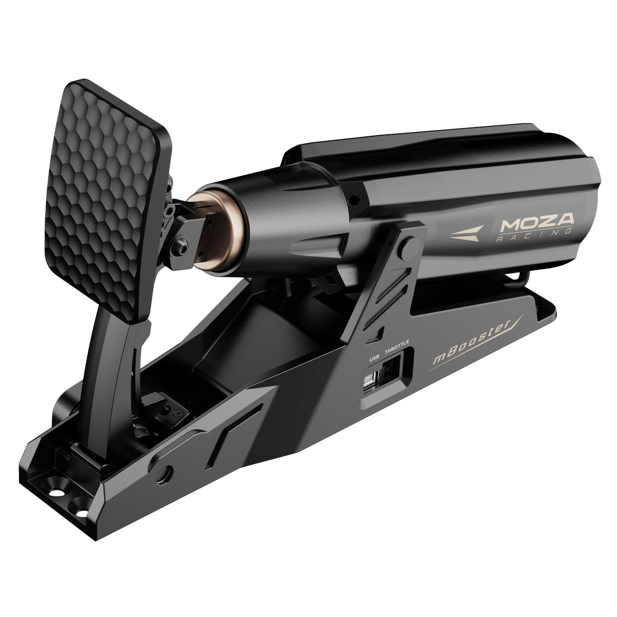 Pédale de course noire avec logo MOZA Racing. La pédale a une surface texturée. La base présente 'mBooster' et ports USB/accélérateur.