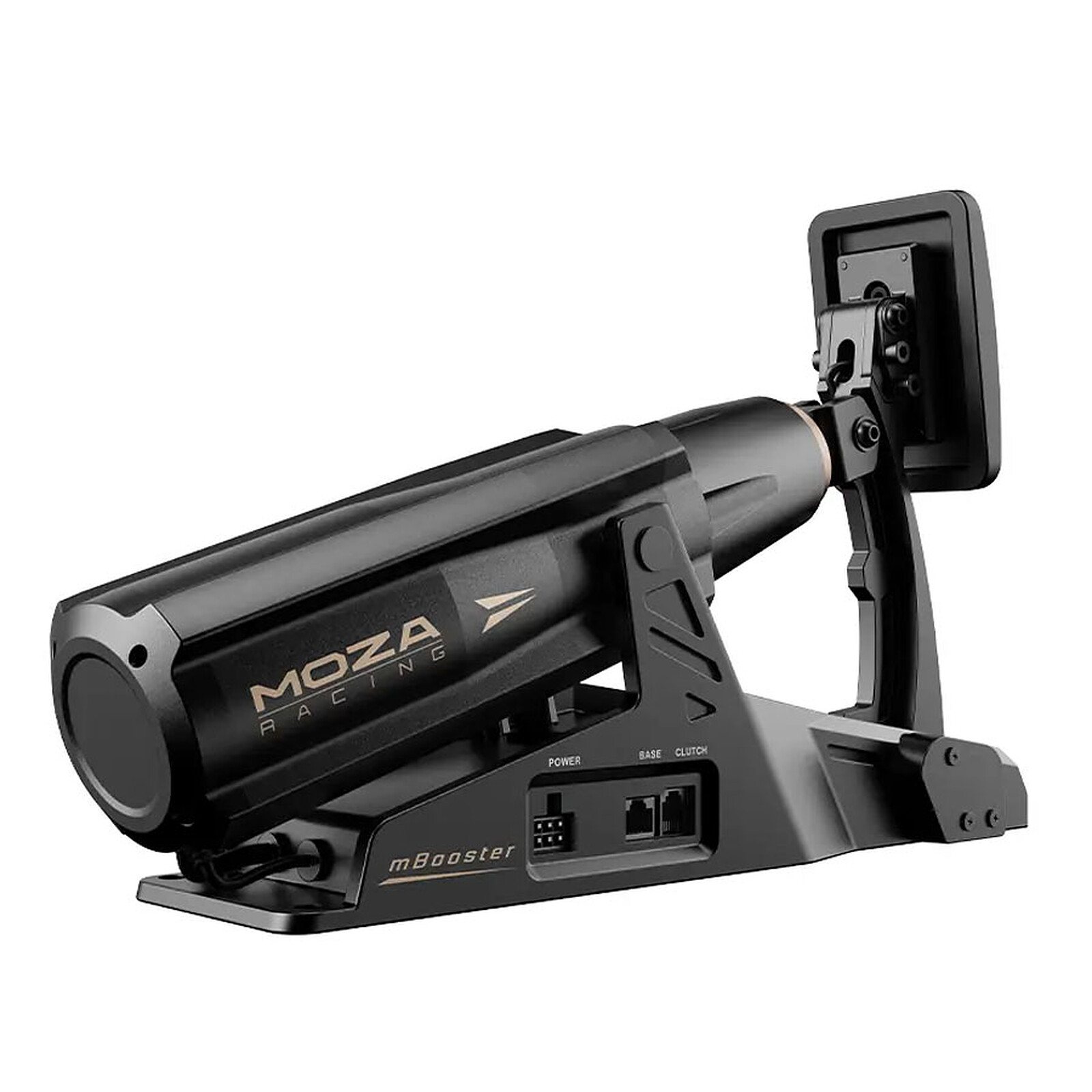 MOZA Racing mBooster noir. Il possède un port d'alimentation, des ports de base et d'embrayage. Il y a un écran à droite.