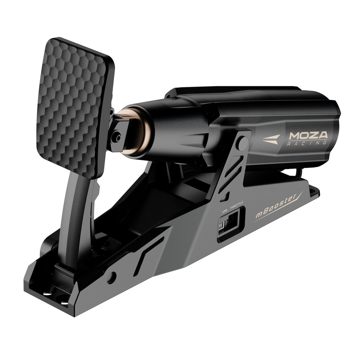 Pédale de course noire avec logo MOZA Racing. La pédale a une surface texturée et est reliée à une base noire avec ports USB et accélérateur.