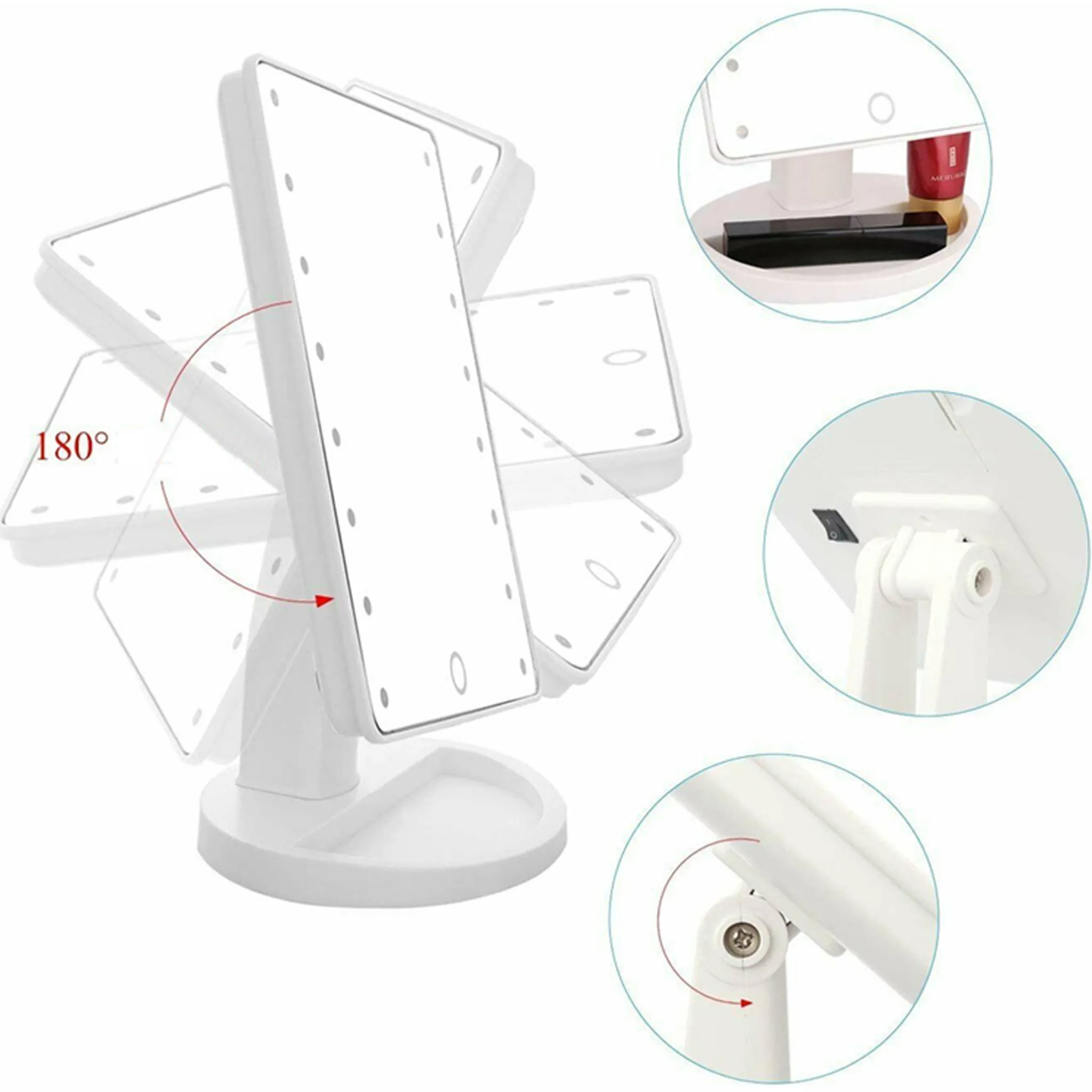 Weißer, faltbarer Schminkspiegel mit LED-Leuchten. Merkmale sind ein runder Sockel, verstellbare Winkel und Nahaufnahmen.