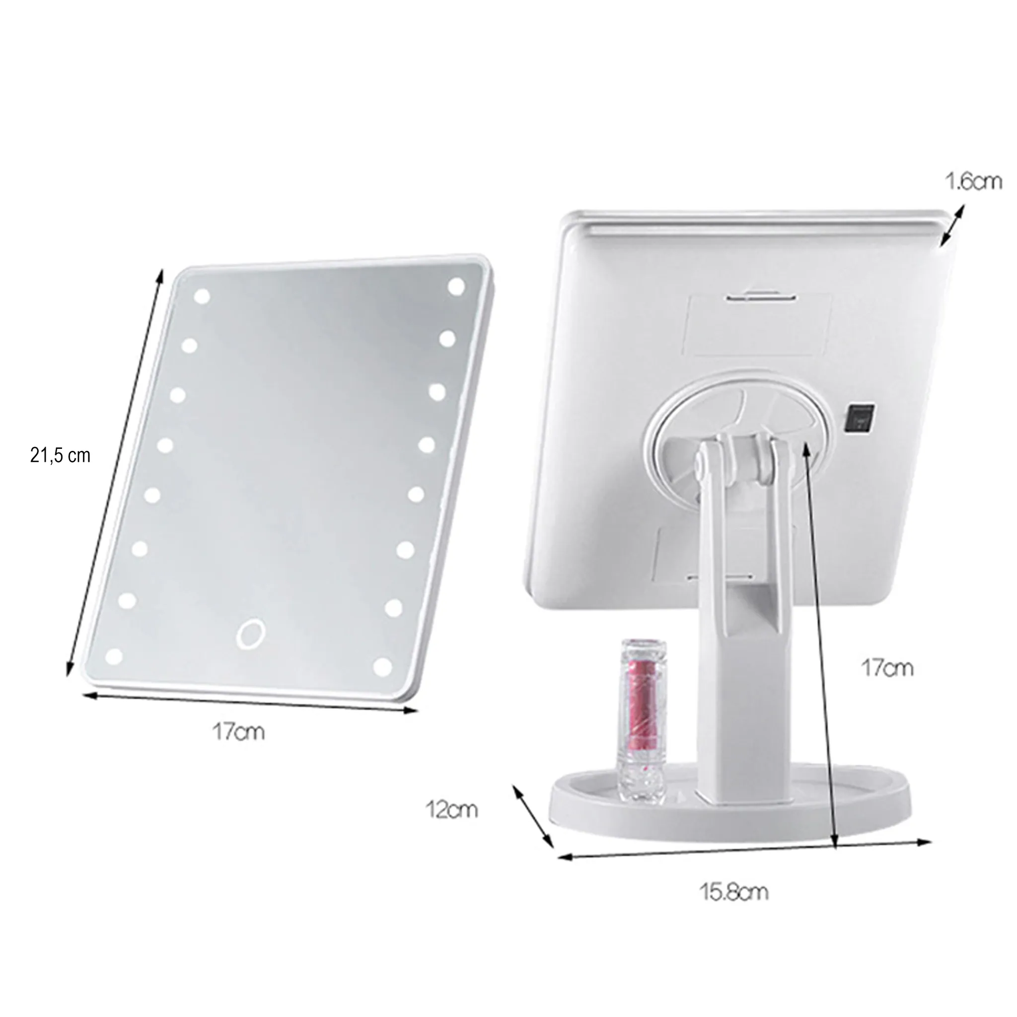Ein weißer LED-Schminkspiegel, 21,5 cm hoch und 17 cm breit, mit Messungen. Ein Lippenstift steht auf dem Sockel.