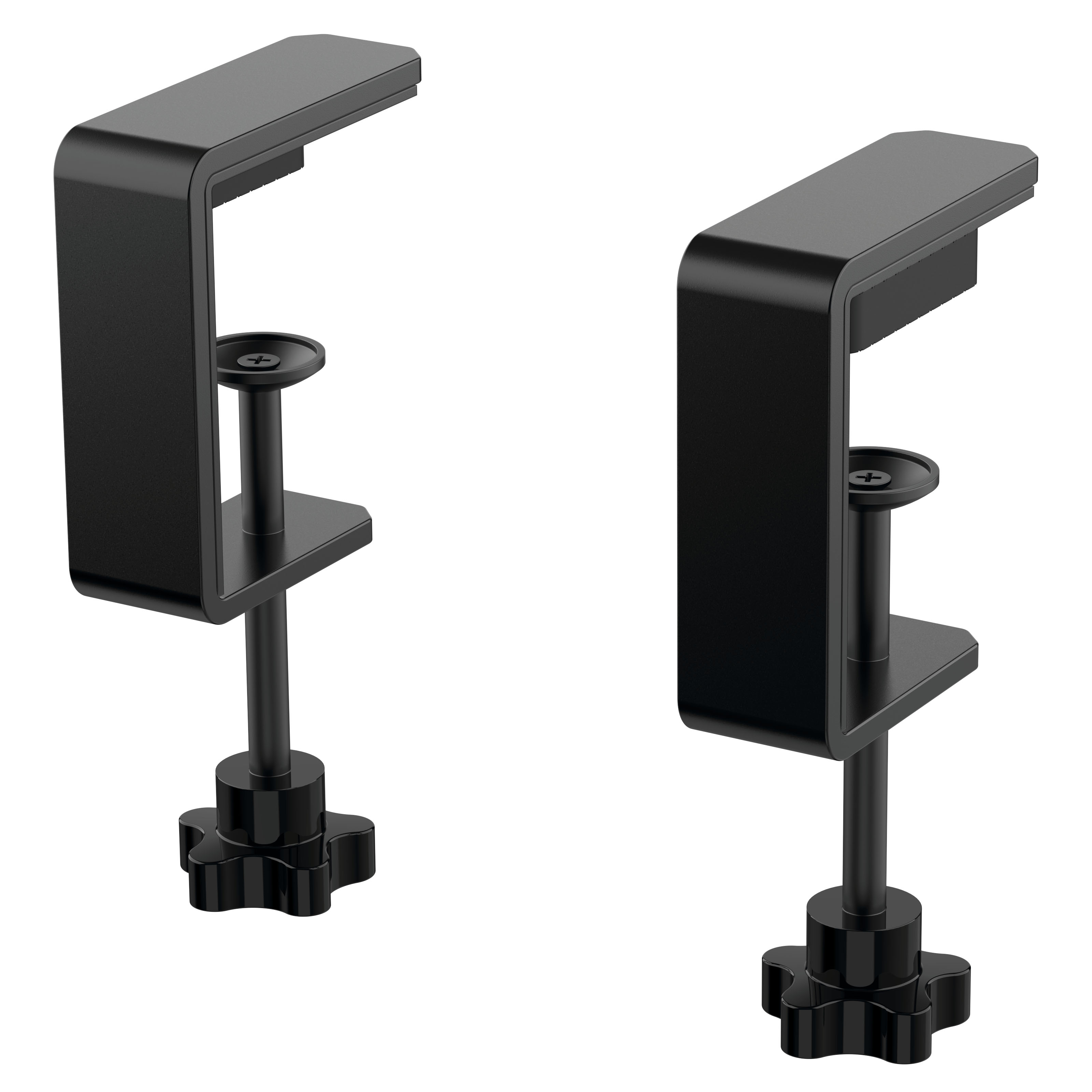 Two black desk clamps on white background. Each has an adjustable screw and a clamp.