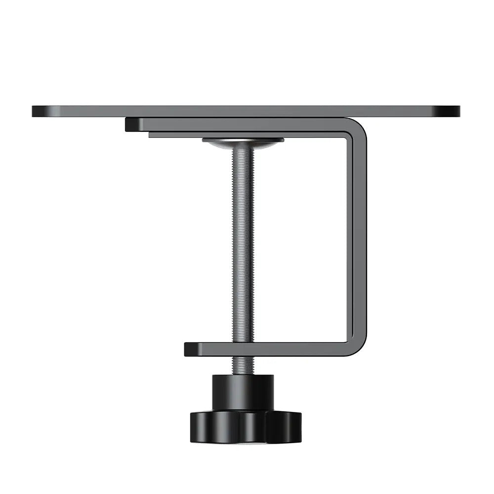 A dark gray C-clamp with a threaded rod and a knob for tightening. It is designed to attach to a flat surface.