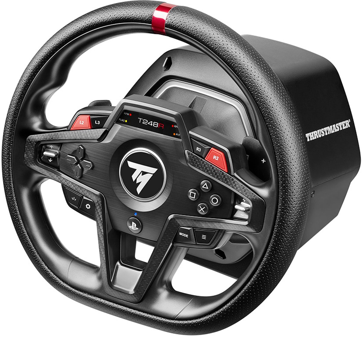 Ein schwarzes Thrustmaster T248R-Rennlenkrad mit roten Akzenten. Es hat Knöpfe, ein zentrales Logo und einen strukturierten Griff. Der Hintergrund ist weiß.