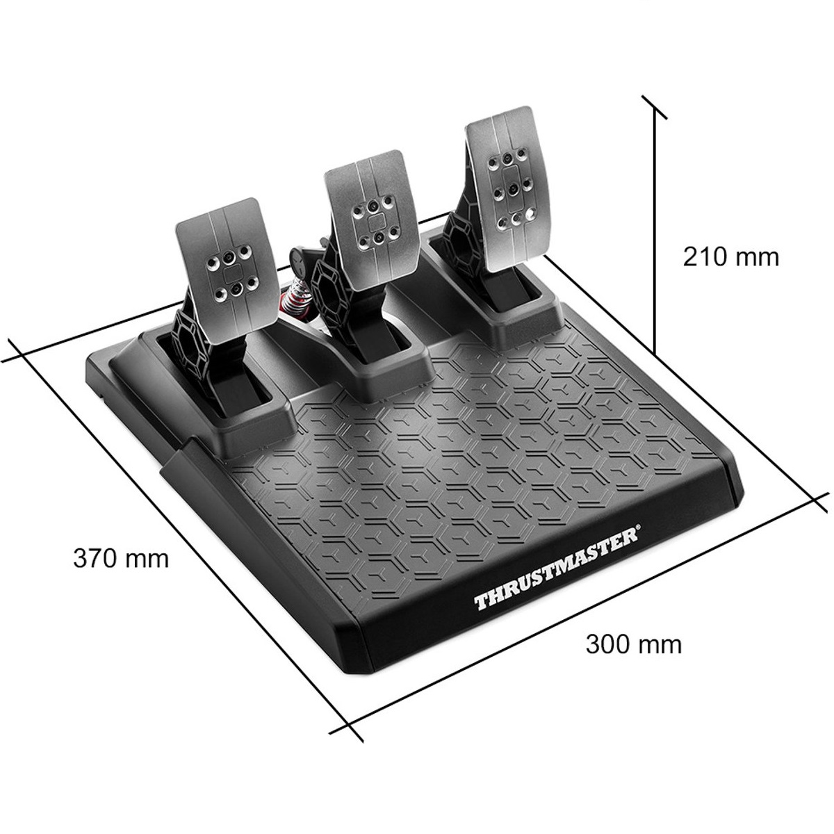 Ein Thrustmaster-Pedal-Set. Es hat drei Pedale, Abmessungen sind angegeben. Die Basis ist schwarz mit einem Wabenmuster.