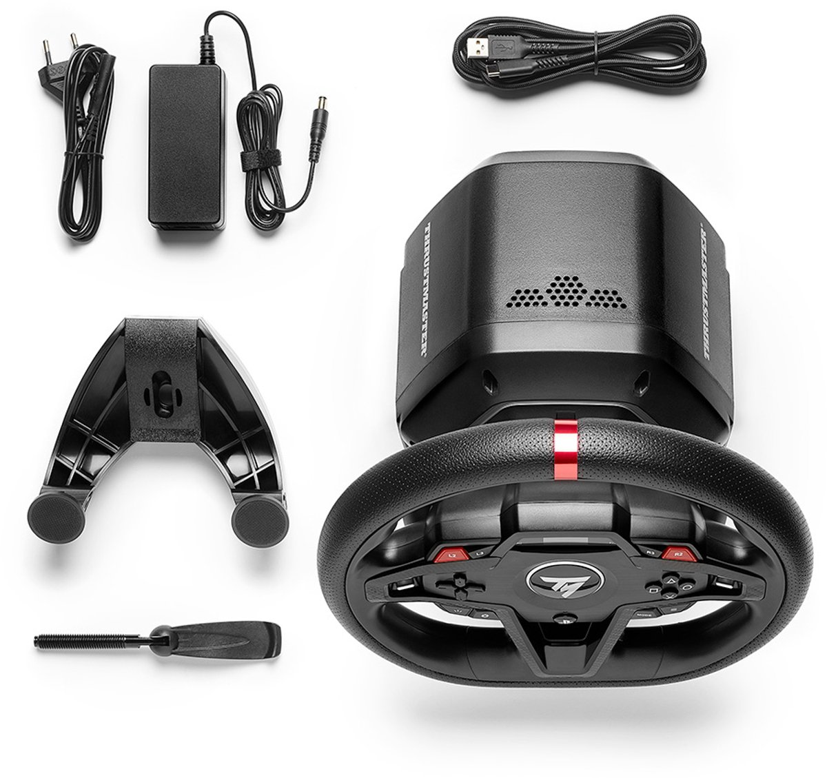 Ein Gaming-Lenkrad und Zubehör: Netzteil, USB-Kabel, Halterung und Schraubendreher. Schwarze und rote Akzente.