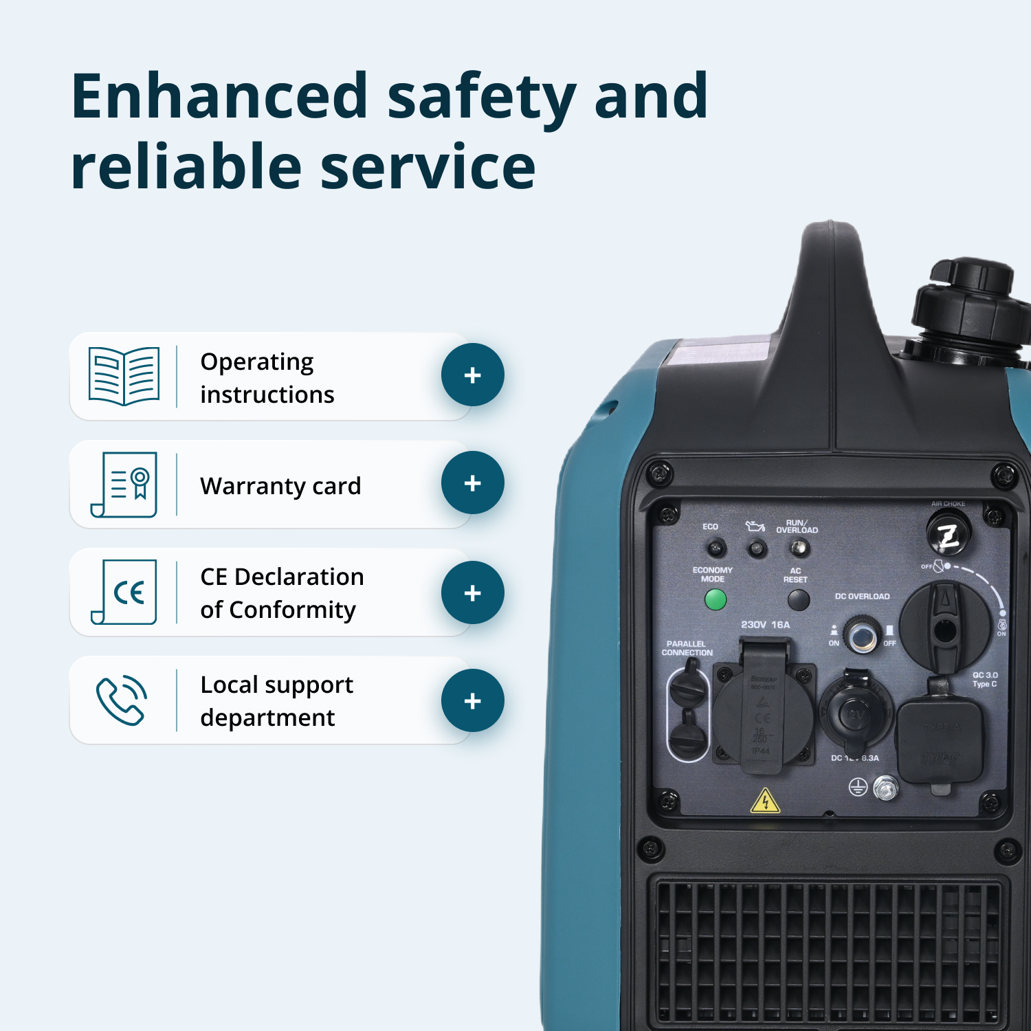Ein Generator mit Bedienfeld, Steckdosen und Griff. Text beinhaltet 'Erhöhte Sicherheit und zuverlässiger Service' und Serviceoptionen.