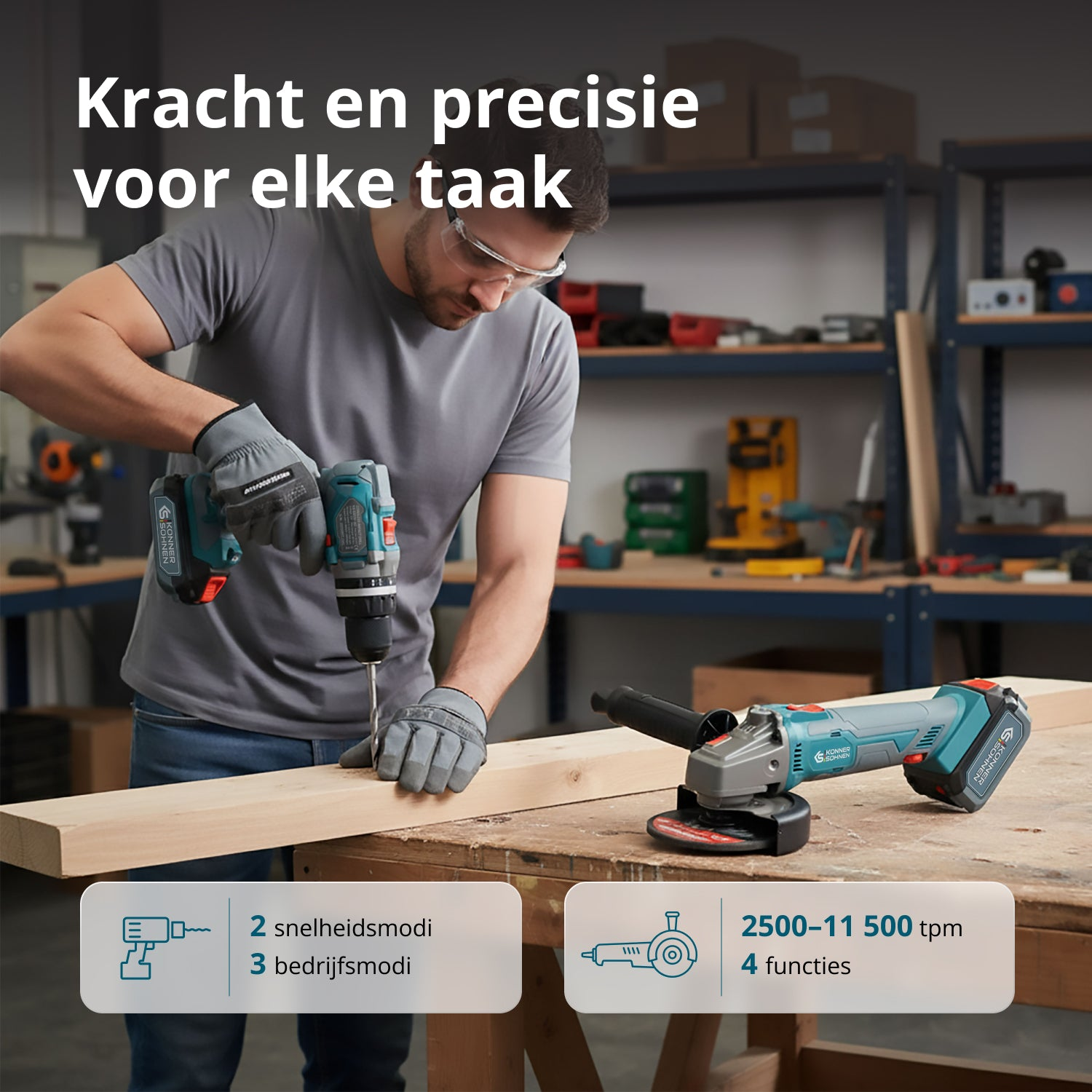 Mężczyzna wierci w drewnie wiertarką. Szlifierka stoi na stole. Tekst: Moc i precyzja do każdego zadania.