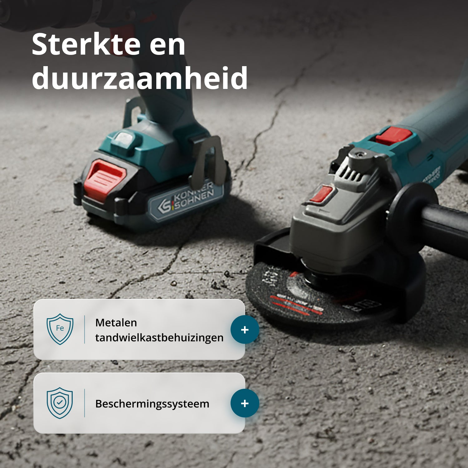 Dwa elektronarzędzia: wiertarka i szlifierka kątowa. Tekst: Wytrzymałość i trwałość. Obudowa przekładni metalowej i system ochrony są podświetlone.