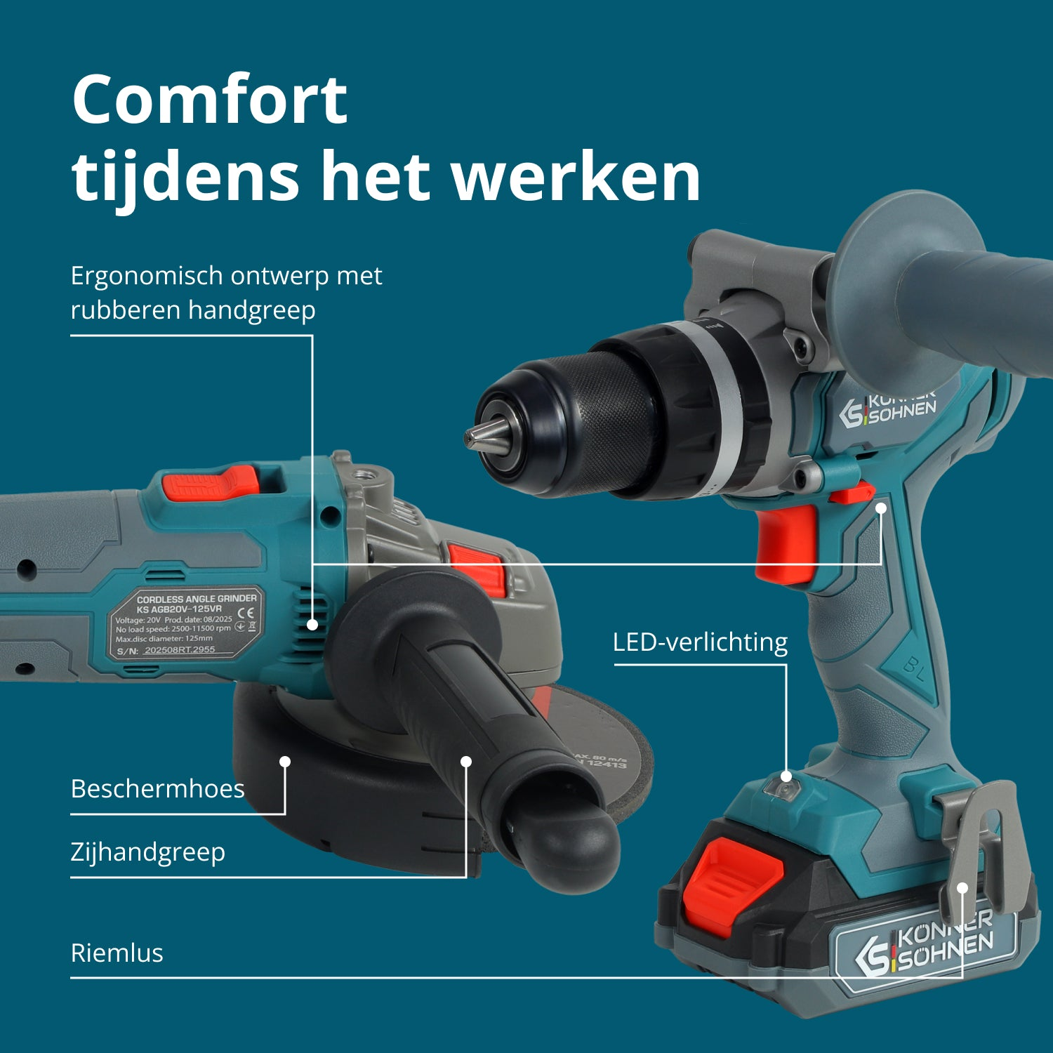 Dwa elektronarzędzia na niebieskim tle. Jedno to szlifierka, drugie to wiertarka. Oba są turkusowe, szare i czarne.