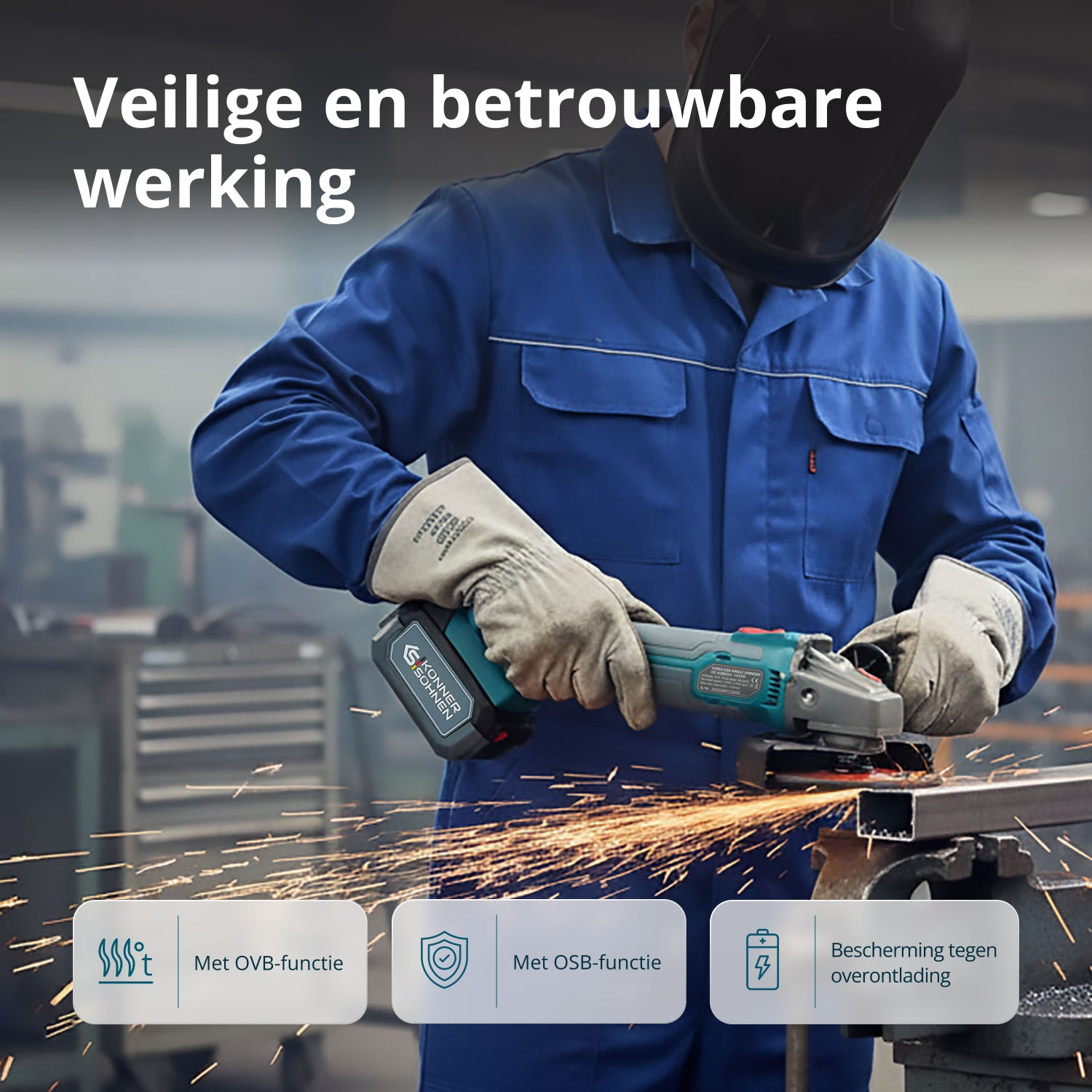 Robotnik w niebieskim kombinezonie szlifuje metal narzędziem, lecą iskry. Noszone są okulary ochronne, a tekst mówi: 'Bezpieczna i niezawodna eksploatacja'.